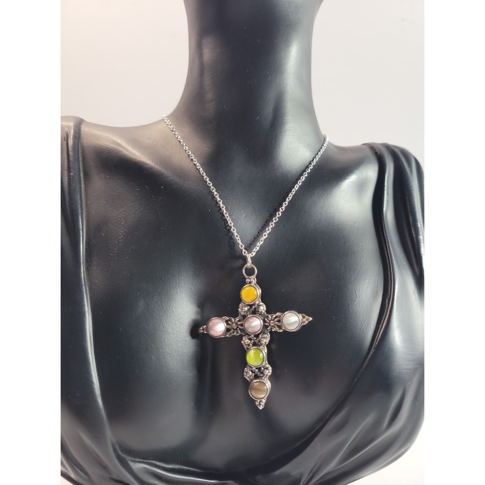 Ornate Cross Pendant Necklace Silver Tone Multi Color Cabochon Floral Religious